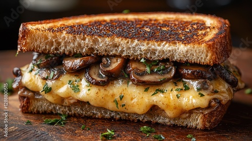 Grilled Cheese with Mushrooms; A savory grilled cheese sandwich filled with melted gruyÃ¨re and sautÃ©ed mushrooms photo