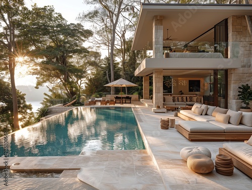 A modern swimming pool overlooking the Sydney coast, white concrete and timber, a large round umbrella, a soft neutral colour palette, modern outdoor furniture, soft morning light
