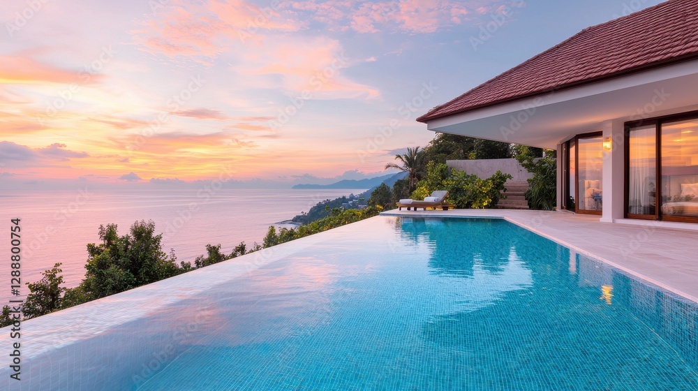 Fototapeta premium Infinity Pool Overlooking Ocean at Sunset with Beautiful Sky