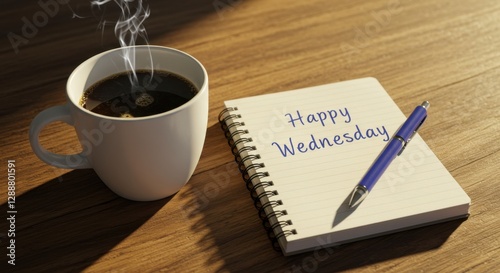 Coffee Cup and Happy Wednesday Note on Wooden Desk