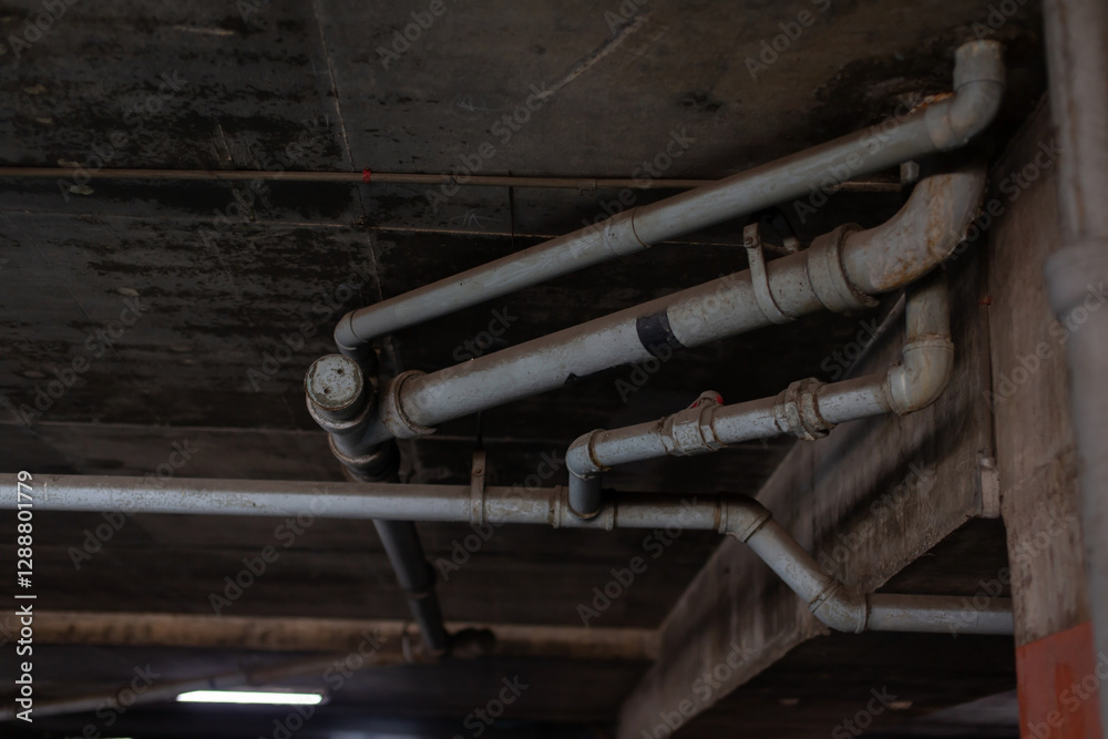 The pipe system is installed beneath a dark parking building.
