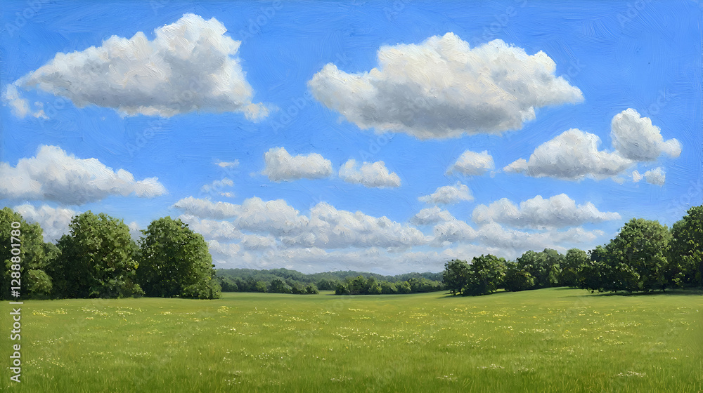 Summer Landscape with Fluffy White Clouds and Lush Green Field Summer Landscape with Fluffy White Clouds and Lush Green Field