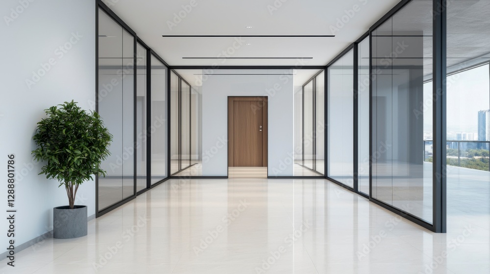 Fototapeta premium Modern Office Entrance with Sleek Glass Doors and Minimalist Design