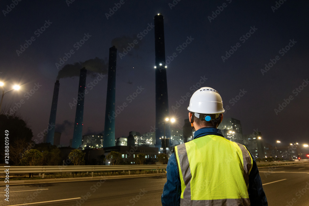 Obraz premium chinese engineer working in power station at night