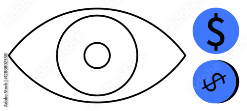 Large eye with concentric circles at its center, next to dollar and cent symbols in blue circles. Ideal for finance, vision, investment, business strategy, profitability awareness, foresight. An