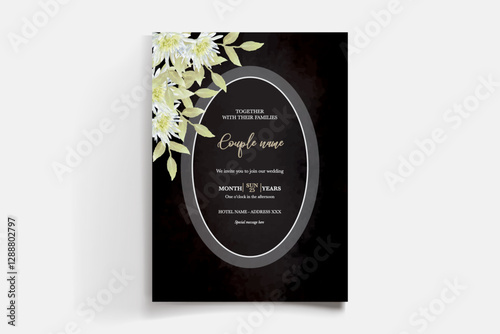 WEDDING INVITATION FRAME WITH FLOWER DECORATIONS AND FRESH LEAVES 