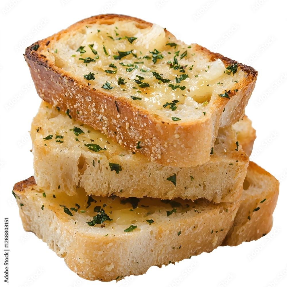 Buttery Garlic Bread Slices with Herbs in Three-Quarter View Buttery Garlic Bread Slices with Herbs in Three-Quarter View