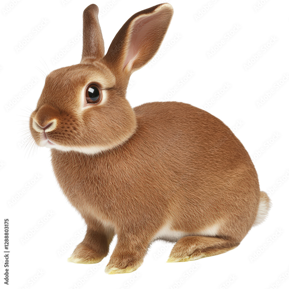 Fototapeta premium Brown rabbit sitting on a solid black background with soft fur and prominent ears in a close-up view isolated on transparent background..