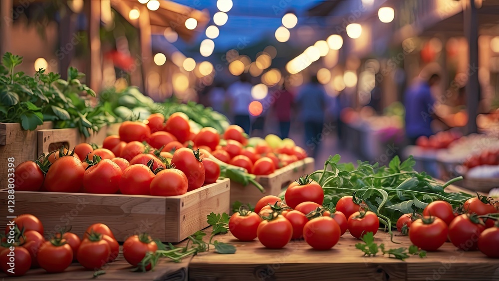 A wooden cutting board is placed on a kitchen countertop with a bunch of fresh tomatoes and green basil leaves to the left A wooden cutting board is placed on a kitchen countertop with a bunch of fresh tomatoes and green basil leaves to the left