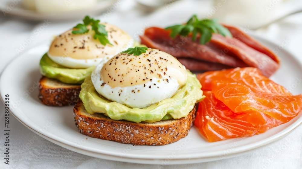 Gourmet Breakfast with Poached Eggs and Sliced Salmon on Toast Gourmet Breakfast with Poached Eggs and Sliced Salmon on Toast