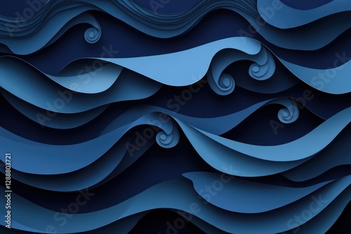 Cascading waves cutout in blue paper on a navy backdrop, seen diagonally for high-resolution detail.