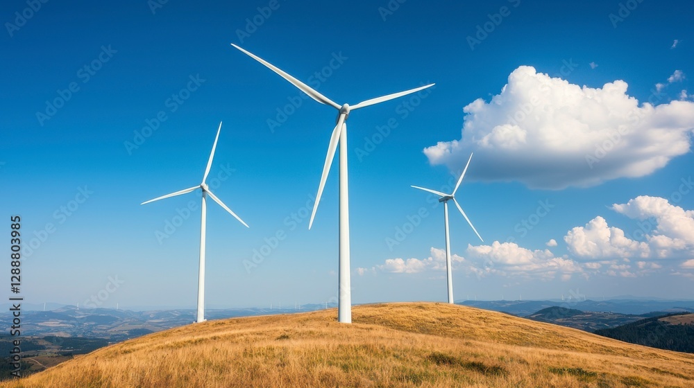 Wind Turbines on a Hill Against a Bright Blue Sky Wind Turbines on a Hill Against a Bright Blue Sky