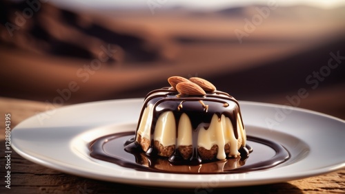 delectable dessert featuring a creamy panna cotta topped with rich chocolate sauce and garnished with whole almonds. The dessert is elegantly presented on a white plate, set against a blurred