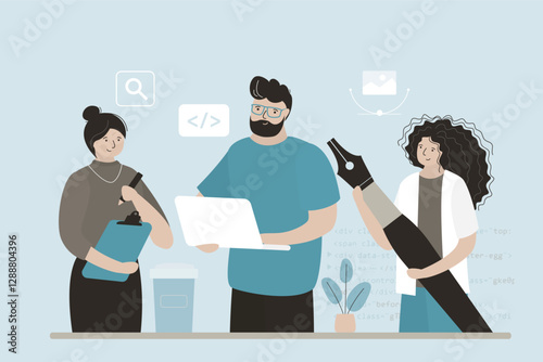 Project development engineer team, developers. Code development, group of programmers and designers. Developers team with tools. Software engineering,