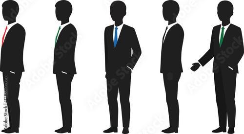 Five silhouettes of men in suits showcasing different tie colors and postures