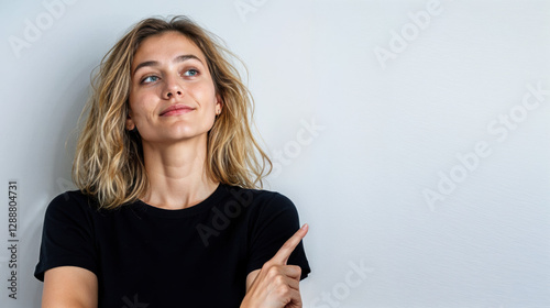 Femme blonde confiante aux yeux bleus regardant vers le ciel avec sourire photo