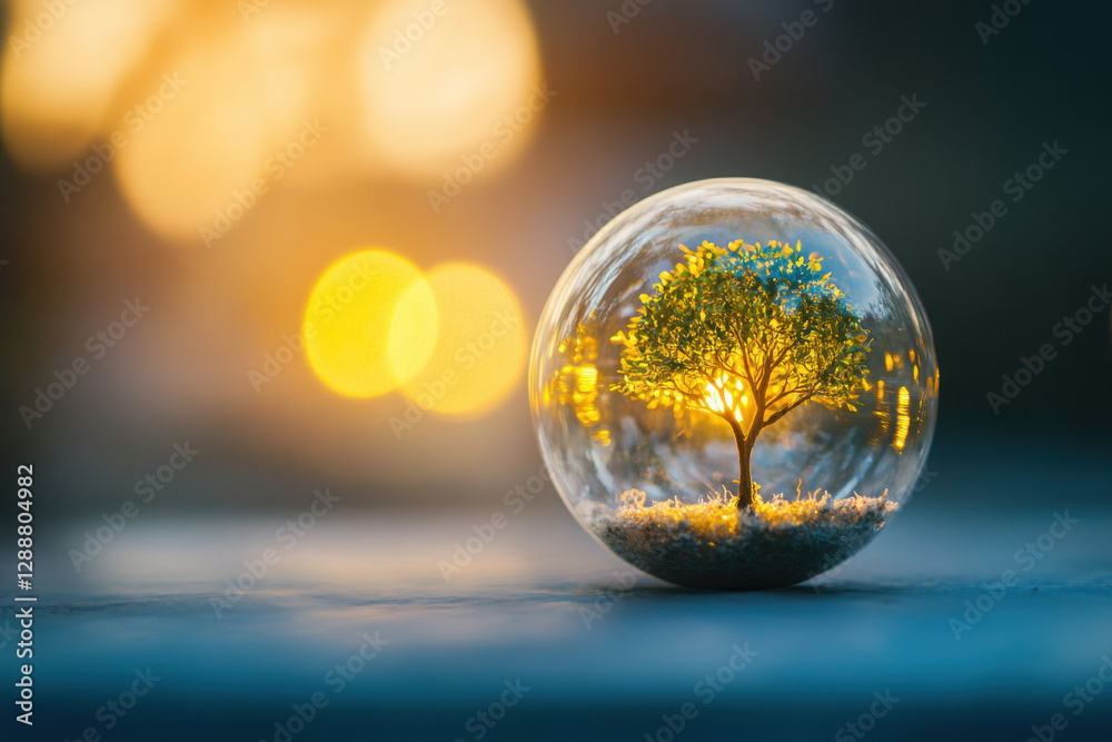A miniature tree encased in a glowing glass orb, symbolizing the fusion of nature and light, set against a blurred, warm, bokeh background. A miniature tree encased in a glowing glass orb, symbolizing the fusion of nature and light, set against a blurred, warm, bokeh background.
