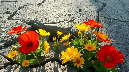Blumen wachsen durch Risse im Beton, beleuchtet von Sonnenlicht, symbolisieren Hoffnung, Stärke und Widerstandskraft
