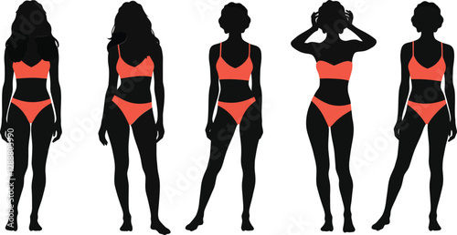 Series of silhouettes showcasing diverse poses in vibrant orange swimwear against a white background