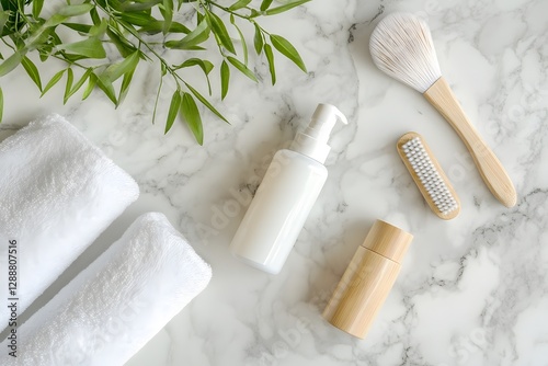 Minimalist Self Care Routine with Skincare Bottles and Bamboo Brushes Arranged on Marble Background