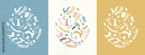 Wallpaper Mural Set of 3 Easter Cards. A big egg shape made of small easter elements. Bunny, rabbit, easter egg. Yellow, blue, fun cards.
 Torontodigital.ca
