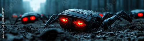 Earth demise Doomsday. Futuristic robotic spiders with glowing red eyes in a dark environment.