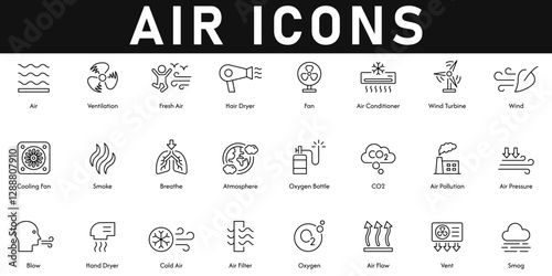 Air Icons vector illustration with thin line editable stroke contains ventilation, smog, vent, air flow, air filter, cold air, hand dryer, blow, air pressure, air pollution, CO2, oxygen bottle, breath