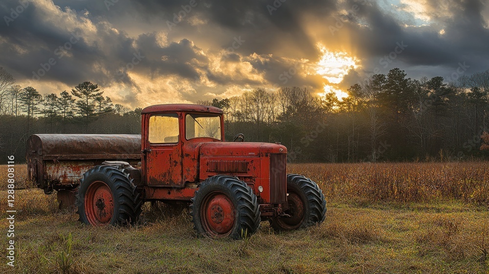 Fototapeta premium Rusty tractor in field at sunset