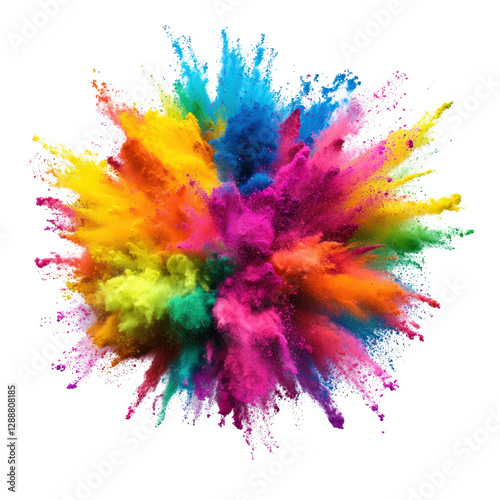 Vibrant color powder explosion against a black background creating dynamic artistic effects isolated on transparent background..