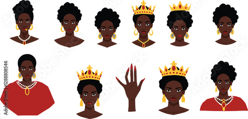 Illustrative sequence showing a regal woman transforming into a queen with crowns and jewelry