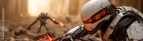 Earth demise Doomsday. Futuristic robots battling in a post-apocalyptic environment.
