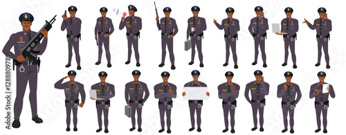 Police Officer Character Design Model Sheet. Man, Character design. Front, side, back view and explainer animation poses. Character set with lip sync and Walk cycle animation sequences.