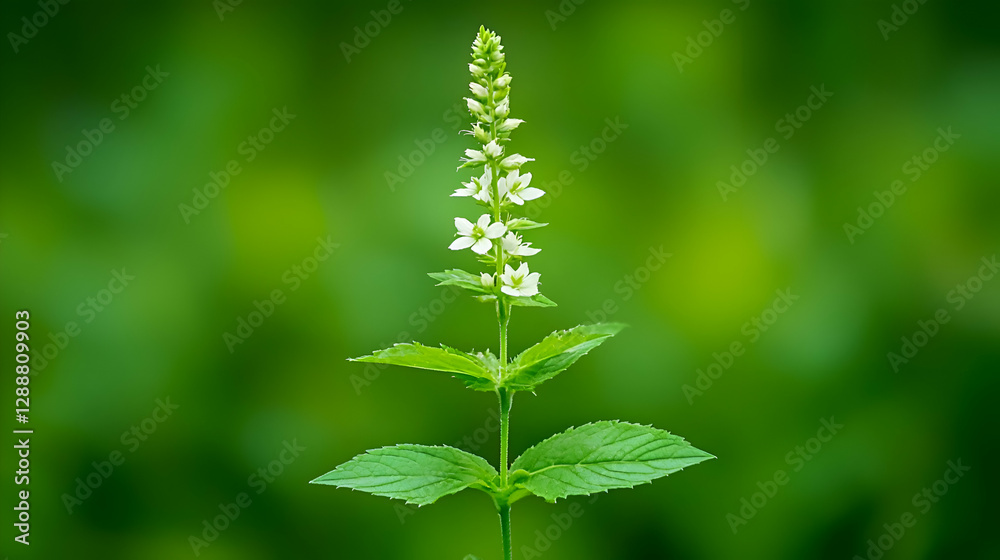 White Flower with Green Leaves Against a Lush Green Background White Flower with Green Leaves Against a Lush Green Background