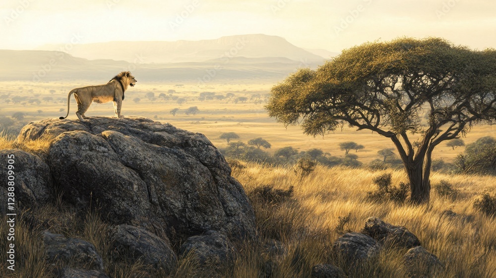 Naklejka premium The Serengeti savannah bathed in warm morning light, with a lone lion surveying its territory from a rocky outcrop.
