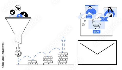Funnel of users converting into coins, stacks of rising money, online shopping window, email envelope icon. Ideal for marketing, sales, e-commerce, analytics, consumer behavior finance digital