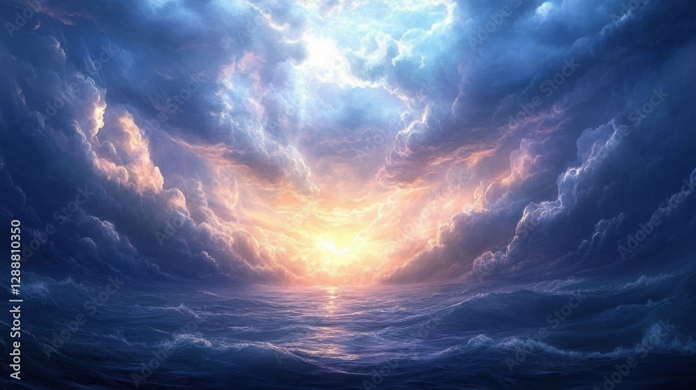 Fototapeta premium The sky dark and rainy, but sunlight breaking through the clouds, creating a dynamic and awe-inspiring scene.