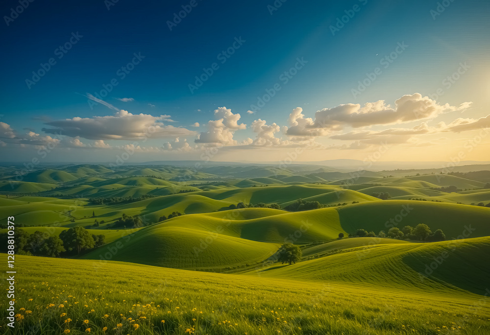 Fototapeta premium Rolling Green Hills Under a Blue Sky