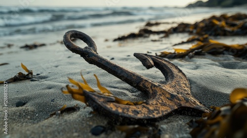 Rusty anchor rests on sandy beach, seaweed nearby.