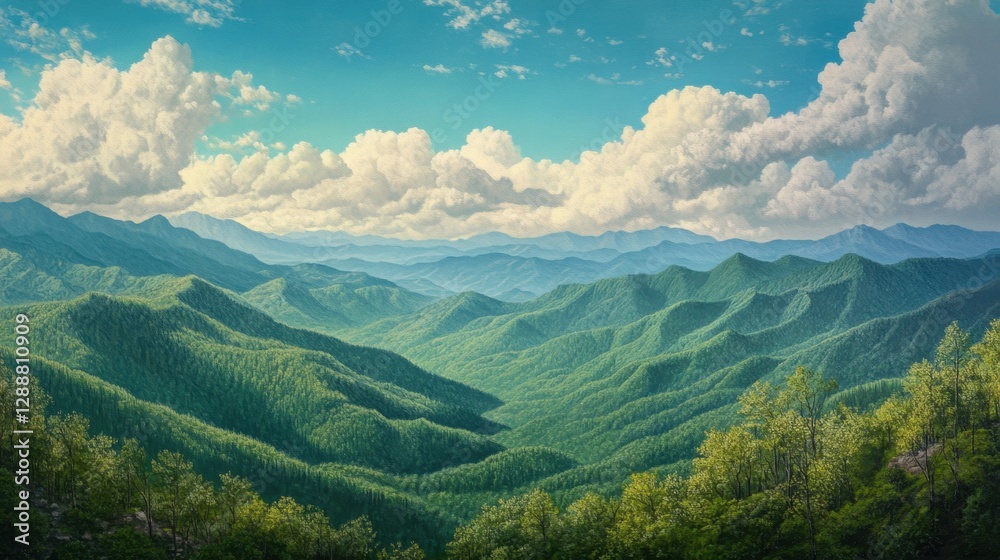 Fototapeta premium The view from Clingmans Dome, showcasing the verdant peaks of the Smoky Mountains under a brilliant spring sky.