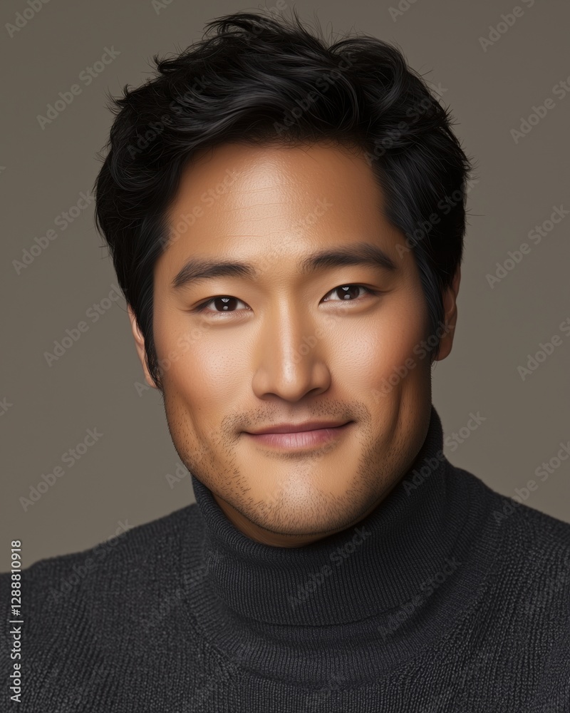 Obraz premium A young man with a friendly smile wearing a dark sweater against a neutral background.