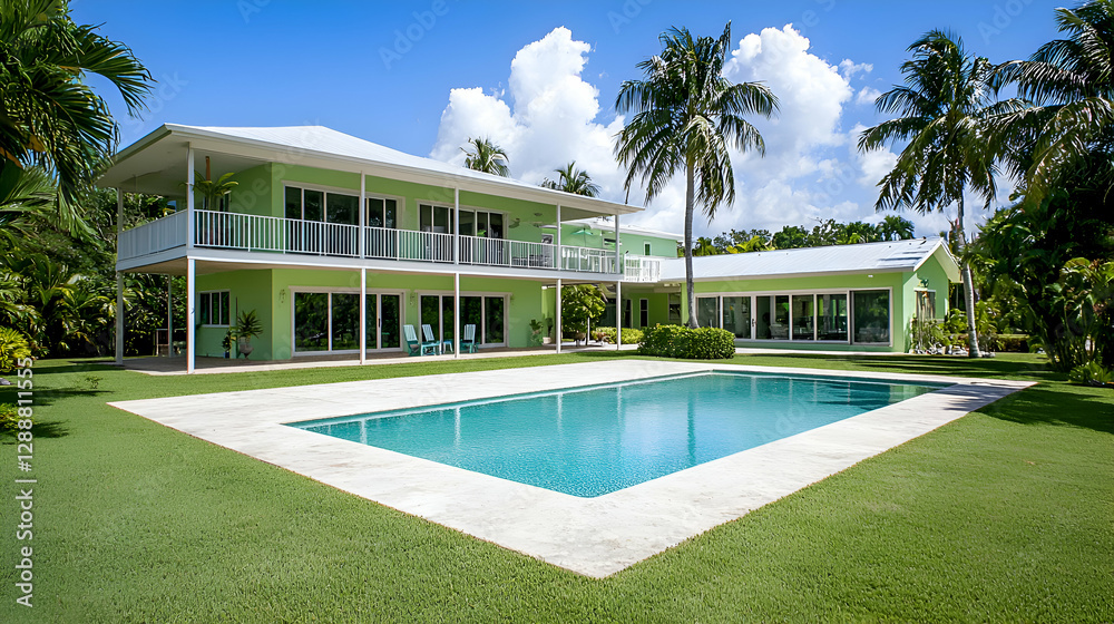 Fototapeta premium Modern Green House with Swimming Pool and Palm Trees