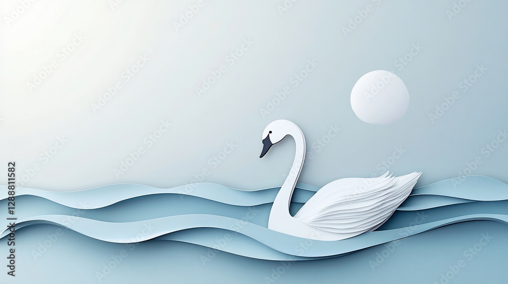 Elegant Swan Paper Art Illustration with Serene Blue Water Layers Elegant Swan Paper Art Illustration with Serene Blue Water Layers