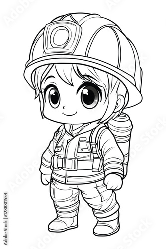 Firefighter in protective gear holding a hose, ready to extinguish fires. Simple and detailed design for coloring.