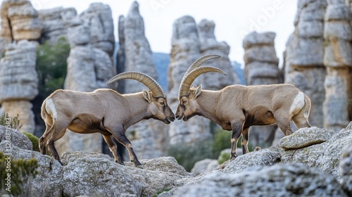 Two male Iberian ibex fighting on the rocky terrain of El Torcal, their heads lowered as they clash, framed by the unique stone pillars of Antequera.
