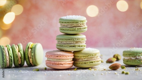 Colorful macarons in green and pink are stacked and sprinkled with powdered sugar, surrounded by pistachios and almonds. The blurred background with warm bokeh lights creates a festive