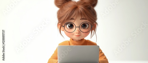 Cute animated girl using laptop with joyful expression and glasses