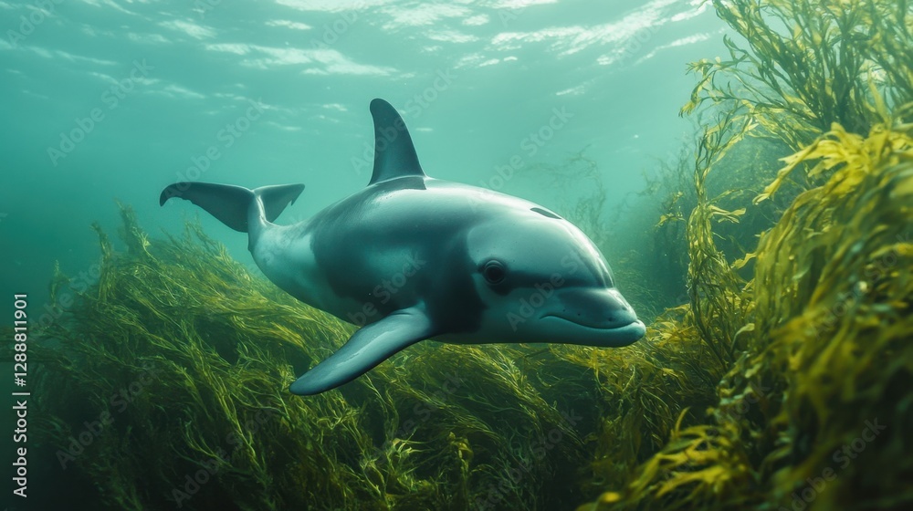 Obraz premium Underwater view of a vaquita among swaying seaweed, blending with its natural marine habitat.