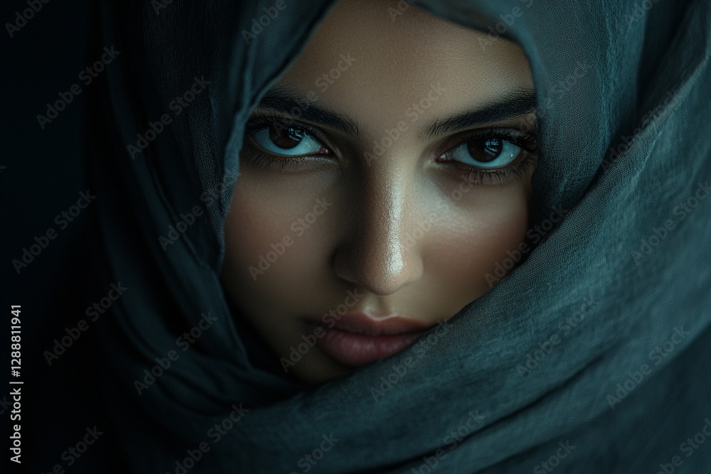 Powerful portrait of a woman in a hijab, her intense gaze and elegant draping creating a striking fashion statement in modern modest style.
Powerful portrait of a woman in a hijab, her intense gaze and elegant draping creating a striking fashion statement in modern modest style.