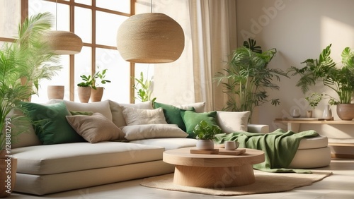 A cozy living room with neutral tones features a beige sofa adorned with textured and patterned throw pillows