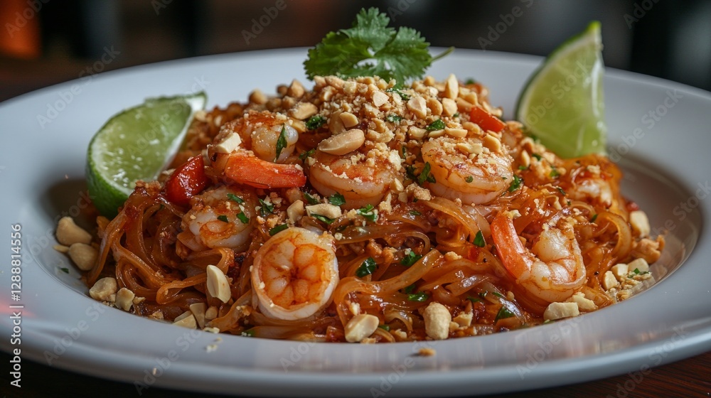Delicious Shrimp Noodles with Lime and Peanuts on a White Plate Delicious Shrimp Noodles with Lime and Peanuts on a White Plate